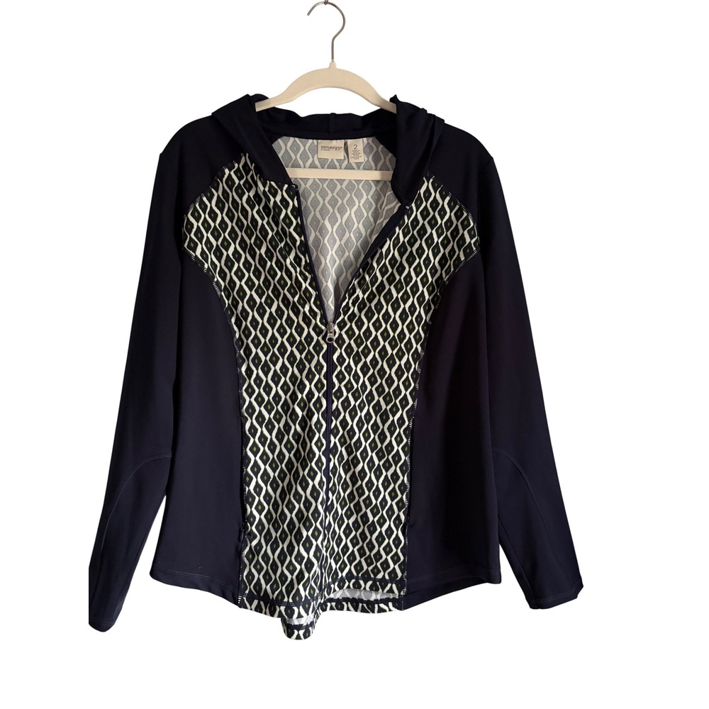 Zenergy by Chicos Womens Navy Blue Geometric Print Full Zip Hooded Jacket Size 2